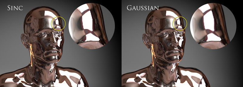 Renders of chrome reflections and details showing the difference between sinc and Gaussian pixel filtering.