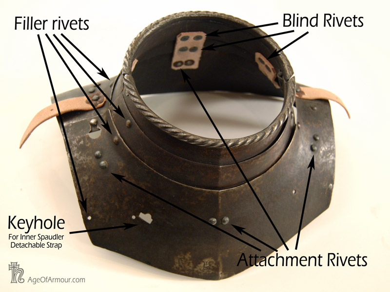 An image of the gorget with notes about the purposes of the different rivets
